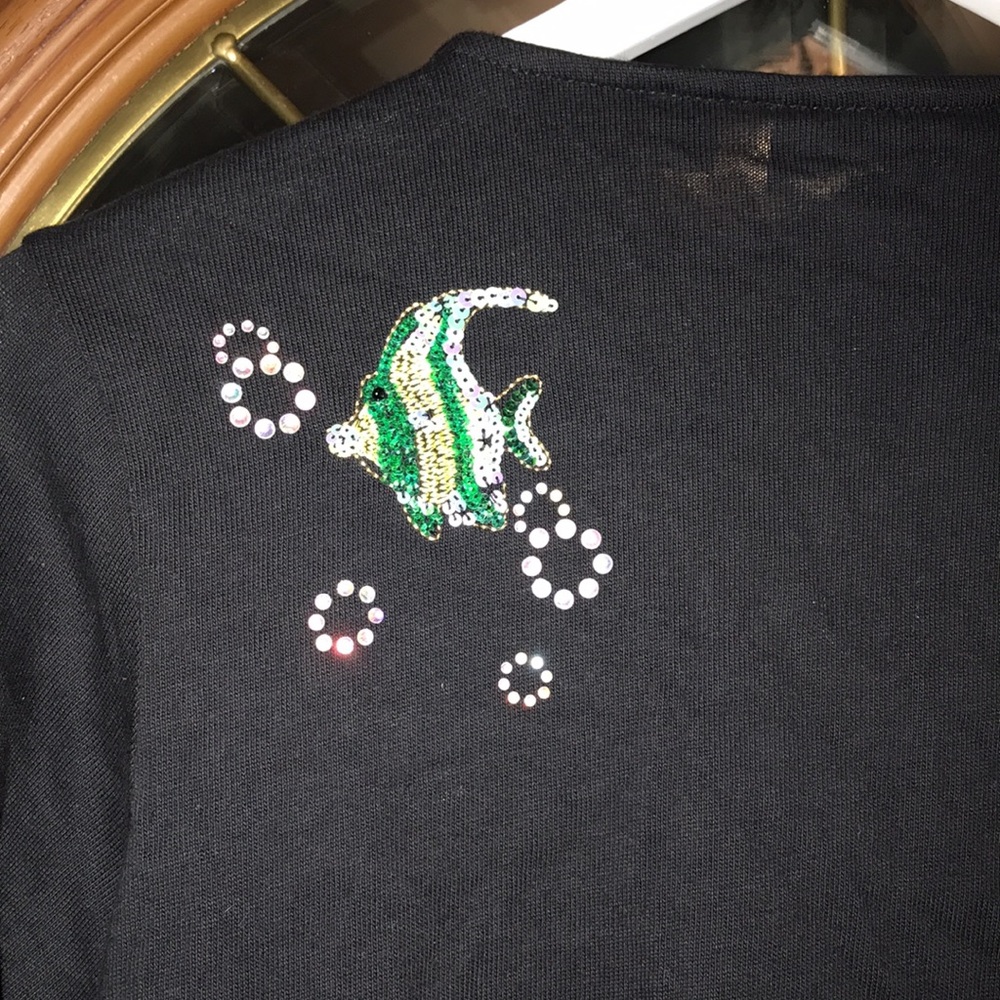 Vintage Quacker Factory Black Hand Beaded Tropical Fish Elbow Sleeve Blouse - Picture 14 of 16